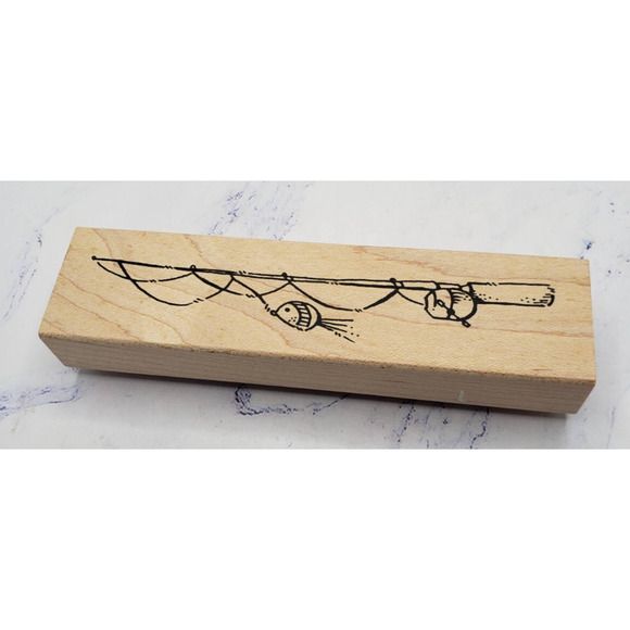 Fishing Pole With Fish Heather Wood Mounted Rubber Stamp - Picture 1 of 7